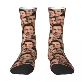 Луд дизайн, футболни чорапи Fernando Alonso Смешни Head, Чорапи със средна тръба от полиестер за жени, мъжки дишащи