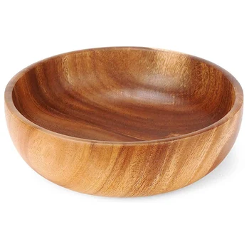 9,5-инчов дървена чиния, Дървена салатница, голяма дървена купа за хранене, плодове, салати и украса
