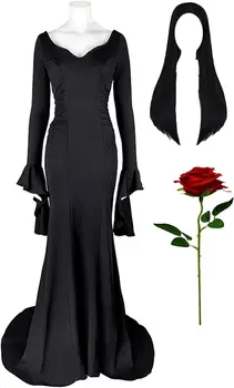 Женски костюм Мортисии Адамс, семейство Адамс, cosplay, черна дълга рокля с перука, червени рози, пълен набор от цветове за Хелоуин