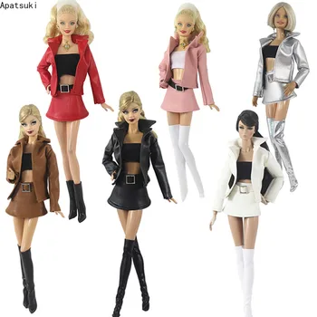 Многоцветен модерен кожен комплект дрехи за кукли Барби, яке, пола, топ, чорапи за кукли Барби 1/6 BJD, аксесоари за кукли