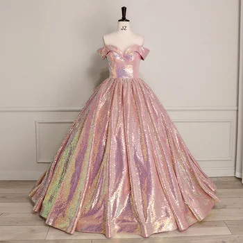 Луксозни вечерни рокли трапецовидна форма с открити рамене, елегантни дамски официални рокли с блестящи розови пайети