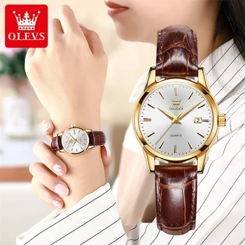 OLEVS, нови модни дамски часовници, са най-добрата марка, луксозни кожени водоустойчив кварцов часовник с дата за жени, Relogio Feminino