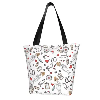 NOISYDESIGNS Сгъваема пазарска чанта с хубав анимационни шарките на медицинските сестри, женствена чанта през рамо, женствена чанта за отдих, чанта за пазаруване