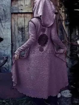 2023 г.; Женски костюм на средновековна вещица за cosplay в стил Ретро; сезон есен-зима; наметало от овча вълна с качулка и принтом; горно облекло за Хелоуин
