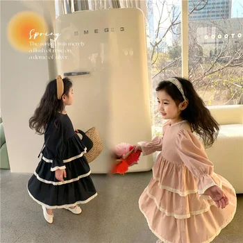 Детски дрехи 223 Ново Модно Пролетта Рокля За Момичета От Памук В Корейски Стил С Дълги Ръкави, Просто Сладка Принцеса Рокля за Момичета