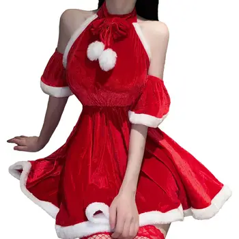 Мини рокля на Дядо Коледа костюм Дядо Коледа-секси коледно бельо за празници, Нова година, Нощта на меден месец, Ролева игра, годишнина.