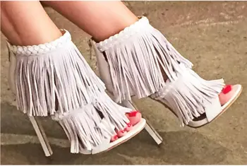 Женски Нови модни Гладиаторски сандали с отворени пръсти и пискюли, секси сандали-гладиатори с ресни на глезените, Сандали на високи токчета, модел обувки