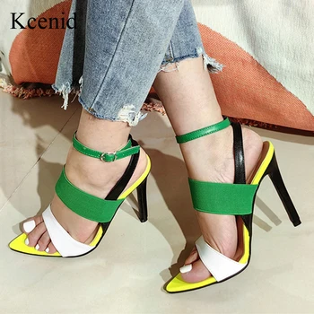 Kcenid/ Нови модни разноцветни дамски сандали с каишка и катарама на щиколотке, чубрица летни вечерни обувки на висок ток с остър пръсти за жени