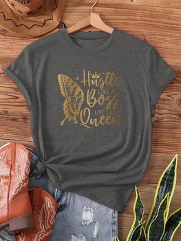 Универсални ежедневни и удобни дамски цветни памучни ризи с къси ръкави и принтом пеперуди със златни букви