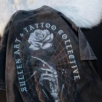 Памучен годишната свободна тениска с къс ръкав Rose Skeleton за мъже и жени, връхни дрехи в стил американски хип-хоп, тъмна личност