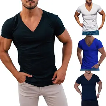 Мъжки однотонная тениска с V-образно деколте и къс ръкав, лятна оборудвана случайни пуловер с шнур мускулите, потници, тениска