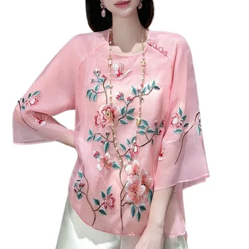 Отличен Пролетно-Лятна Коприна Блуза С Бродерия в Китайски Стил, Дамска Мода Елегантни Свободна женска Риза, Слънцезащитен Топ S-XXL