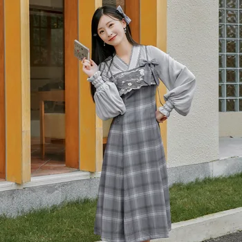 Ново пролетта рокля в китайски стил, superior костюм Hanfu, клетчатое рокля с бродерии, и ръкави-мехурчета, дамски традиционни ежедневни дрехи DQL7979