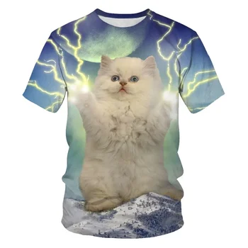 Унисекс Galaxy Space Светкавица Cat 3d Тениска за мъже и жени с животни Мъжка риза Градинска облекло Harajuku Блузи и ризи с къс ръкав