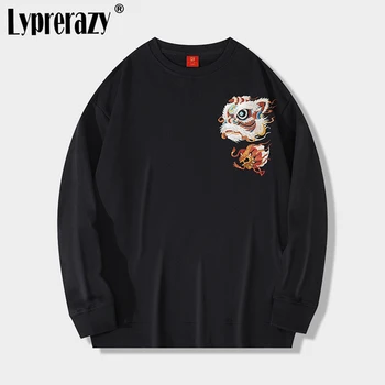 Lyprerazy, Нов Китайски стил, Бодрствующий Лъв, бродерия с кръгло деколте, Блузи, Мъжки есенно-зимни Свободни Памучни пуловери, блузи