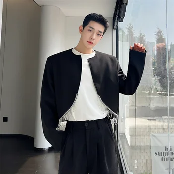 Мъжки дрехи SYUHGFA 2024 Есен Корейски кратък стил С кристали И пискюли Свободно палто Модерно сако без яка за мъже