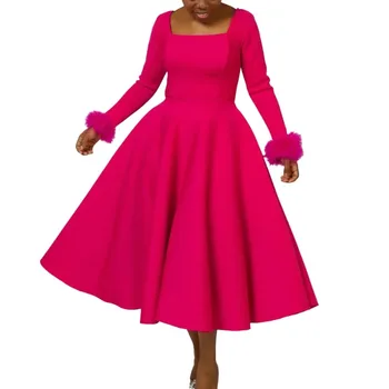 2024 Елегантни вечерни рокли в африканския стил за жени, есен африкански рокля миди с квадратна яка и дълъг ръкав, африканска облекло дашики