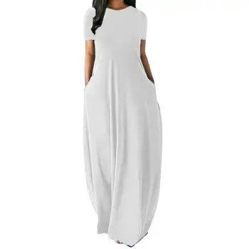 Удобна лятна рокля Стилно бельо макси рокля с кръгло деколте свободно cut, странични джобове, с висока талия, однотонное дълга рокля за градинска дрехи