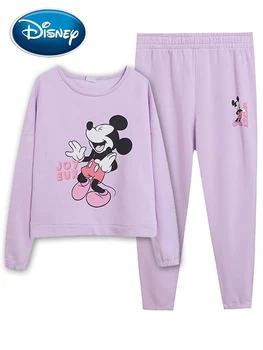 Hoody Disney с анимационни принтом Мики Маус, модни дамски флисовые тениски с дълъг ръкав, потник + панталон, панталони, 1 комплект, дамски, градинска облекло