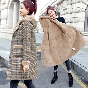 Есенно-зимния нова вълна палто, дамски клетчатая овче кожа, кожени палта със средна дължина, плюс бархатное гъст вълнена дамско палто с качулка