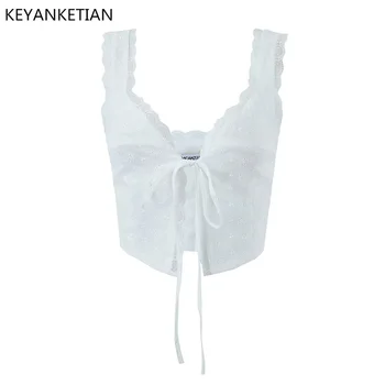 Лятна новост KEYANKETIAN, секси дамски лейси блуза от дантела с изискан выдолбленной бродерия, Бяло къса блуза в плътно прилепнали