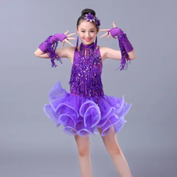 Детски костюм за латино танци рокля за латино танци с лъскава пискюл, костюм за изяви и състезания