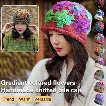 Многопластова капачка, вязаная капачка, модни градиентные цветни шапки с цветя, ръчно изработени, топла женска вязаная шапка с цветя