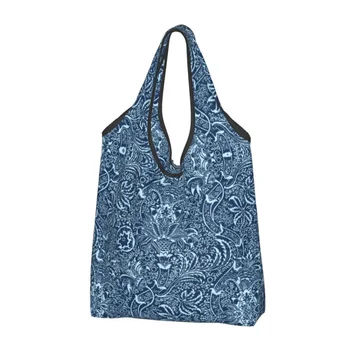 Изработена по поръчка Индийски пазарска чанта William Morris Дамски Преносима чанта за пазаруване с голям капацитет тъмно синьо индиго