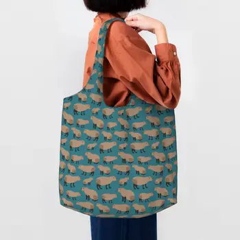 Чанта за пазаруване с удоволствие популярни животни с шарени Капибары, скъпа холщовая чанта-тоут за пазаруване, по-голямата голям здрава чанта