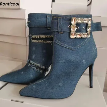 Дамски зимни ботильоны ръчно изработени Ronticool, дънкови пикантни вечерни обувки на висок ток с остър пръсти, красиви сини обувки за партита, Размер 35-47