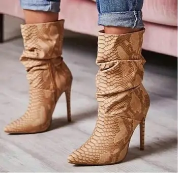 Секси дамски Ботильоны от кожа с змеиным принтом, Обувки с остри пръсти на висок ток, Избавляющие от бръчки, Модни обувки голям размер