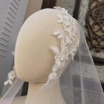 Сватба воал, дължина 95 см, Лейси апликация, перли, И прическа за младоженци, аксесоар за булката