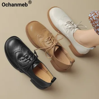 Ochanmeb/ Дамски Обувки-Броги От Естествена Кожа С дърворезба На ниски Токчета, Британски Oxfords С Появата на шнур, Удобни Дамски Обувки в Бежов цвят 40 Есен-пролет