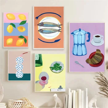Плодове, Лимон, живопис, Акварел, Риба, Кафе, закуска, артистични щампи, Декоративни картини на стените на кухни, плакати върху платно в ресторанта