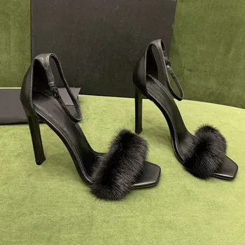 Луксозна тенденция новост от естествена кожа в комбинация с кожа кадифе висококачествени дамски сандали на висок ток