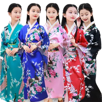 2022 8 Вида цветя Традиционно Японско Кимоно За Момичета Азиатски Обличам Оби С Копринен Принтом Павлина С Дълъг Ръкав Модни Дрехи Хаори Детски Рокли