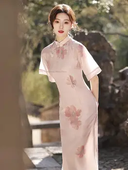 Китайското традиционната рокля Розов Чонсам, пролет-лято жената е по-добро елегантна китайското рокля с цветен модел, рокля Ципао за младата дама
