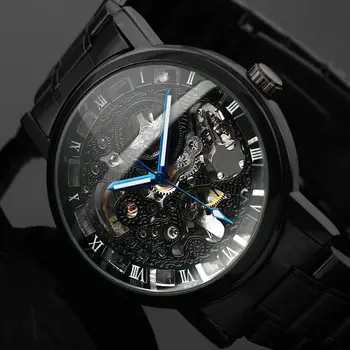 2023 Нови черни мъжки ръчен часовник с виртуален скелет от неръждаема стомана в Античен стил Steampunk Ежедневни автоматични Механични часовници с виртуален скелет Мъжки