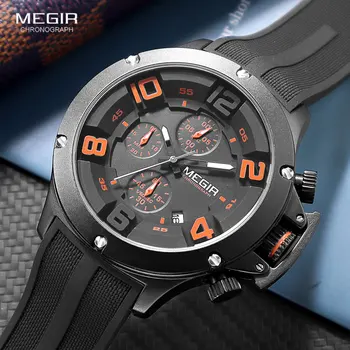 Кварцов часовник MEGIR Military Sport Мъжки модни водоустойчив ръчен часовник с каишка силикон Светещите стрелки Дата Хронограф Черен