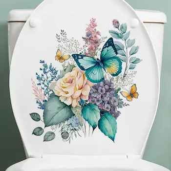 Водоустойчиви стикери за тоалетна, акварелни стикери за стена с цветовете на божури и пеперуди, издръжлив и водоустойчив декор баня с самоклеющимся покритие