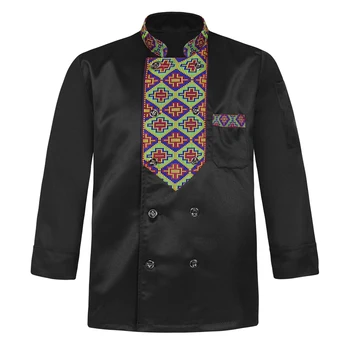 Мъжки дамски яке-готвач с бродерия в етнически стил, унисекс, яка-часова, униформи готвач с дълъг ръкав, кухненски работни дрехи с джобове