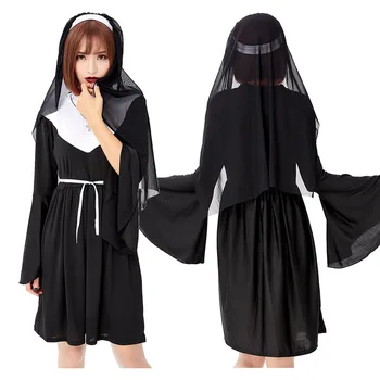 Костюми за cosplay Сестри-монахини на Хелоуин, черна рокля + кърпа-було, рокля за момичета-хористок средновековния Ренесанс.