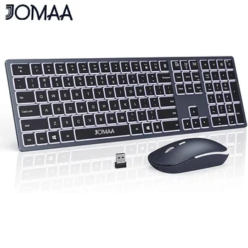 Jomaa пълен размер Безжична Клавиатура с Подсветка и Комбинирана Мишка за Преносими КОМПЮТРИ с USB Silent Click Keyboard Mouse Set Акумулаторна Испания