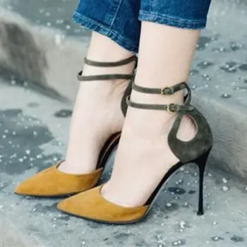 Остри пръсти глезена сандали смесен цвят на глезена ремъци сандали на високи и тънки токчета партия обувки елегантност дамски обувки Мода 