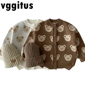 Корейски стил, пролет-есен, пуловер за момичета и момчета, палто с кръгла яка, вязаный Cartoony мечка, однобортная връхни облекла, Детски дрехи E22338