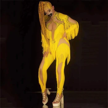 Женски костюм Гого, жълт гащеризон с ресни и дълги ръкави, секси боди за танци на един стълб, костюм за нощен клуб, Ds Dj Party, етап на рейв-облекло XS1690