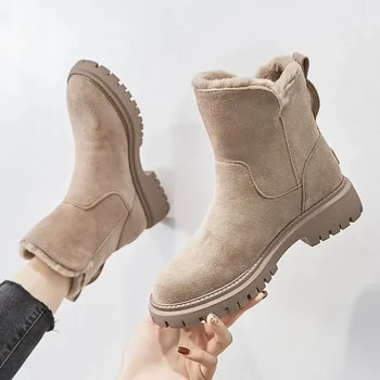 2023 Дамски зимни обувки със средна дължина, Плюс кадифе удебелена топло памучен обувки Модни дамски боти на платформа