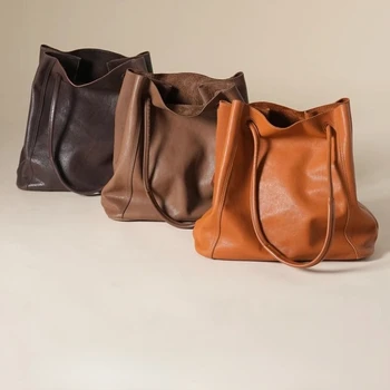 Ретро-кофа, дамски чанти-тоут, чанти през рамо с голям капацитет от естествена кожа, нови, дамски чанти, за пазаруване Big Клиент
