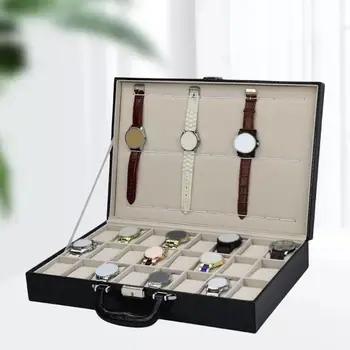 Кутия за часовници от изкуствена кожа с 24 мрежи И здрави панти, титуляр на корпуса за часа, Органайзер за сбирка часа, Кутии за бижута, най-добрият подарък