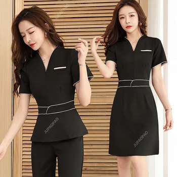 Козметична униформи Летен костюм за салон за красота с къс ръкав, Дамски дрехи за спа център-козметик, Работно облекло за масаж в хотела, Корея, работно облекло